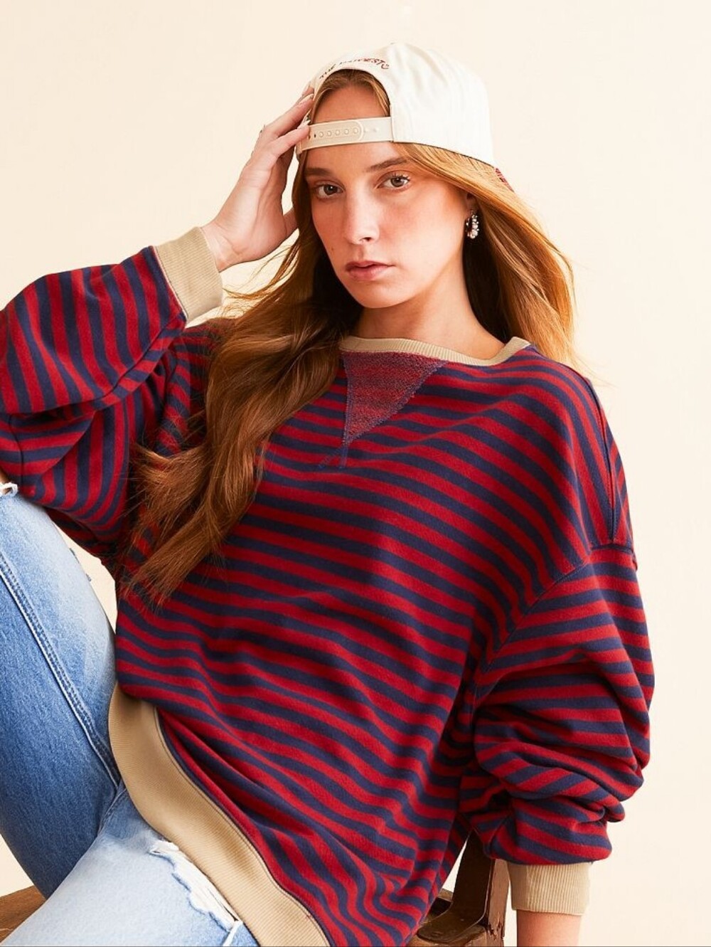 We The Free People Sweatshirt Viral Red Navy Blue Beige Striped Medium